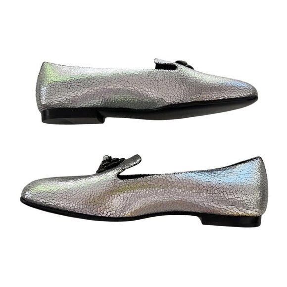 Chanel silver crackled leather interlocking CC Camelia Smoking slipper size 38 - Picture 4 of 11